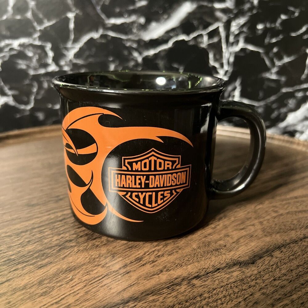 2004 HARLEY-DAVIDSON Motorcycles Logo Coffee Cup Mug Black w/Orange Flames 12oz